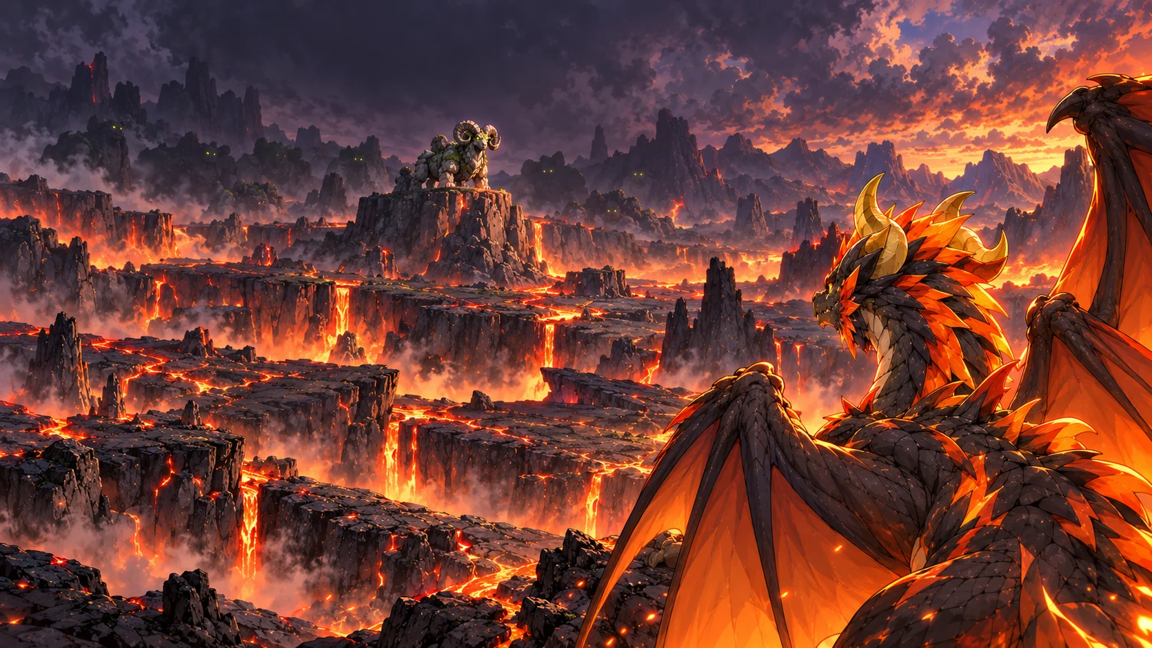 Pyrecrown watches a distant Lithorook across a fractured volcanic landscape